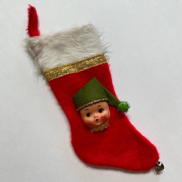 Mini Christmas Stocking with Dolly Face Holiday Decor Xmas Vintage Handmade - Picture 2 of 5